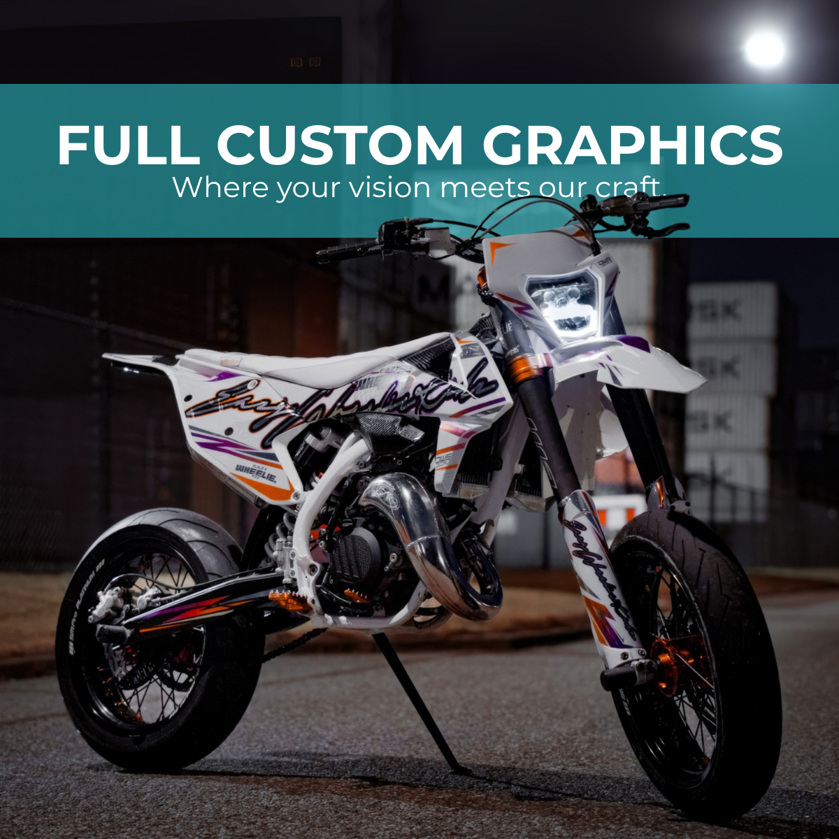 Supermoto bike with full custom graphics by EazyWheelieKidz, featuring personalized decals, bold colors, and urban street design.