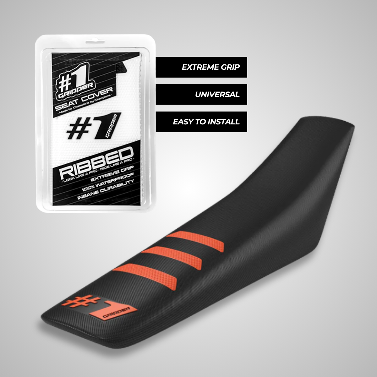 Black OneGripper Ribbed Seat Cover with orange grip ribs. universal fit for motocross, enduro, and supermoto bikes. Waterproof and high grip for top performance.