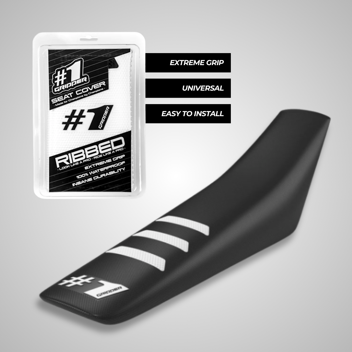 Black OneGripper Ribbed Seat Cover with white grip ribs. universal fit for supermoto, motocross, and enduro. Durable and waterproof.