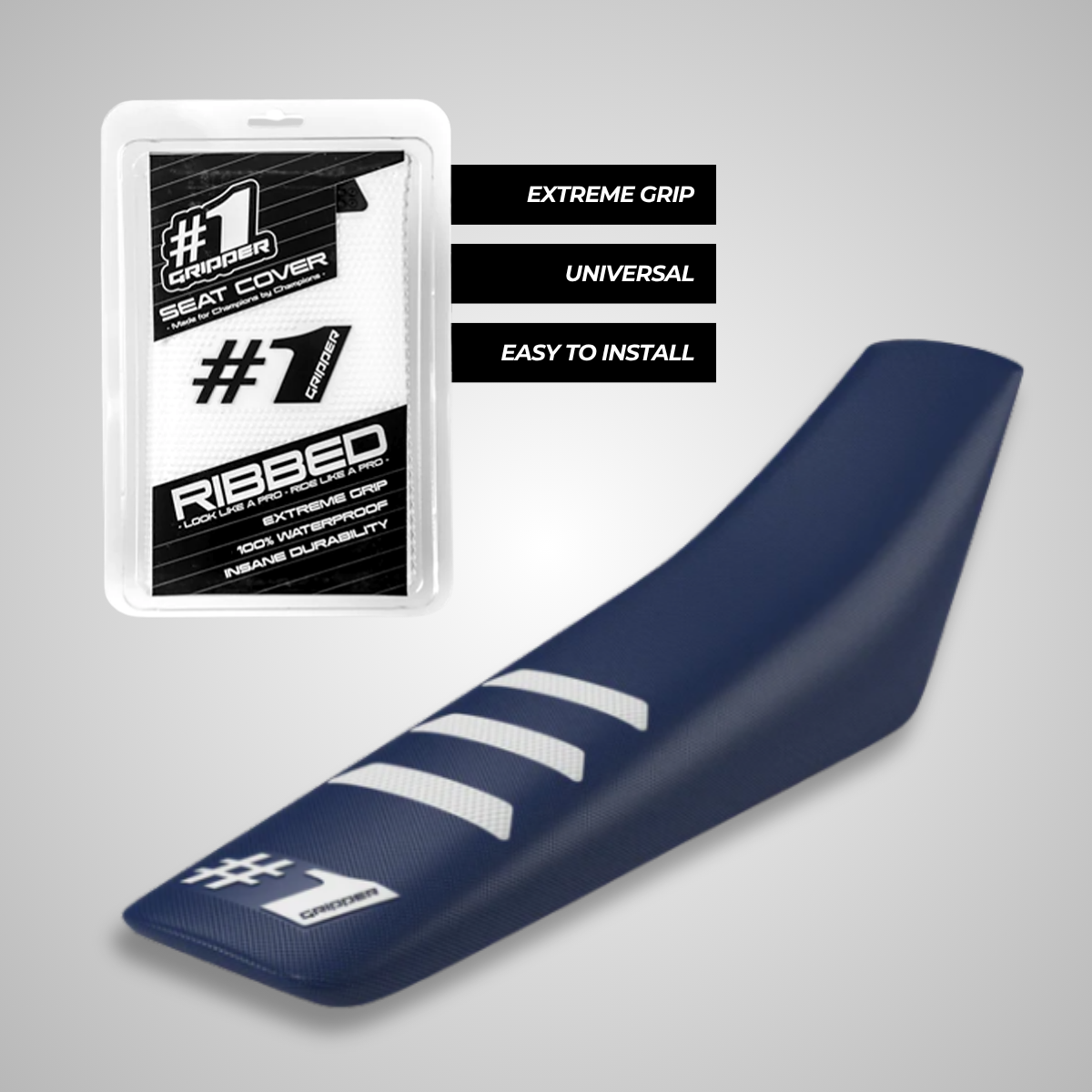Dark blue OneGripper Ribbed Seat Cover with white ribs. universal fit for enduro, motocross, and supermoto. High grip and weather-resistant design.