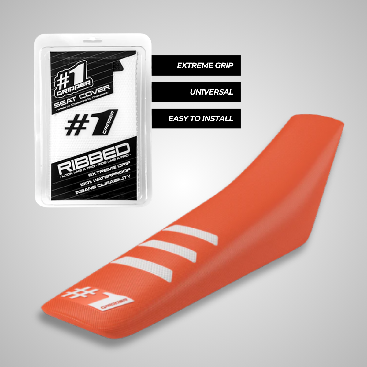 Orange OneGripper Ribbed Seat Cover with white grip ribs. universal fit for motocross, enduro, and supermoto. Built for grip and durability.