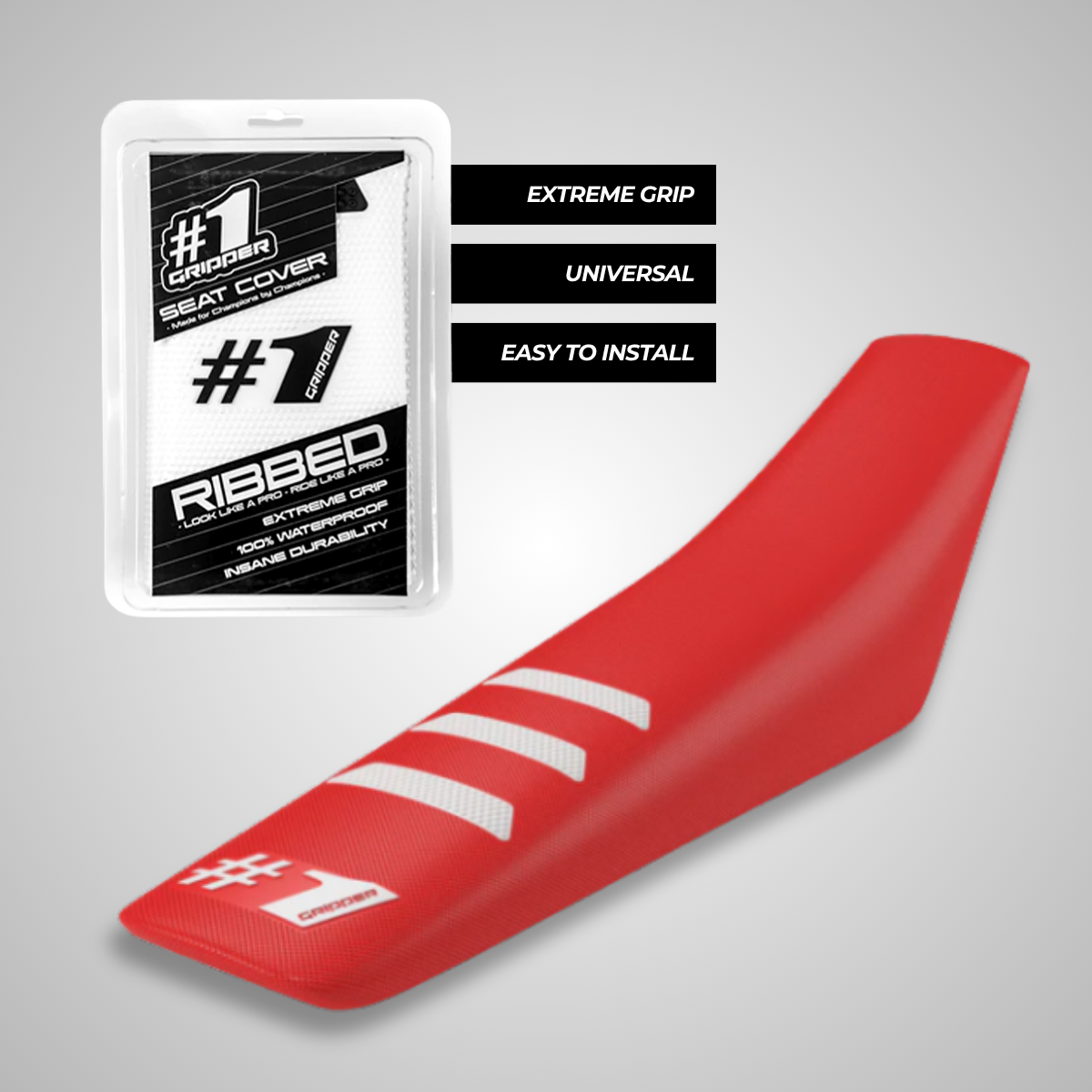 Red OneGripper Ribbed Seat Cover with white grip ribs. universal fit for supermoto, enduro, and motocross. Offers strong grip and weather resistance.